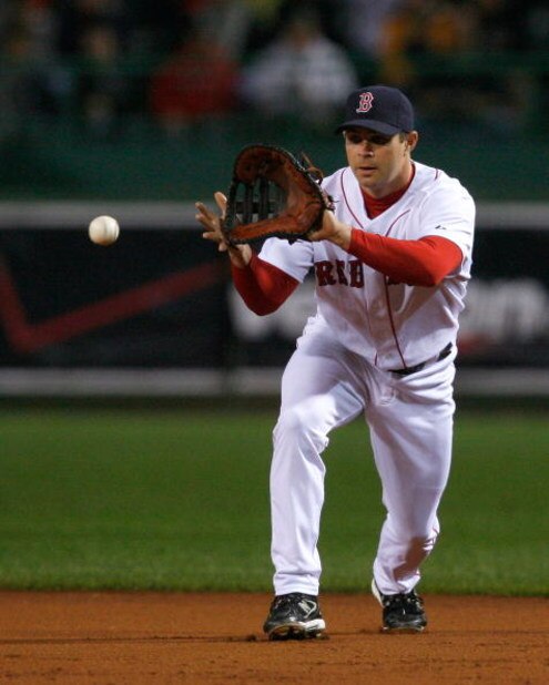 BOSTON - SEPTEMBER 22: Jeff Bailey #55 of the Boston Red Sox makes the put out against the Cleveland Indians at Fenway Park on September 22, 2008 in Boston, Massachusetts. (Photo by Jim Rogash/Getty Images)