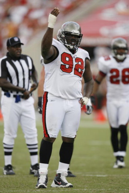 TAMPA, FL - SEPTEMBER 10:  Defensive tackle Anthony McFarland #92 of the Tampa Bay Buccaneers gestures during the NFL game against the Baltimore Ravens on September 10, 2006 at Raymond James Stadium in Tampa, Florida.  The Ravens defeated the Buccaneers 2
