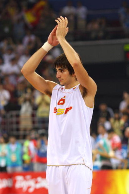 BEIJING - AUGUST 24:  Ricky Rubio #6 of Spain reacts after the United States won 118-107 in the gold medal game during Day 16 of the Beijing 2008 Olympic Games at the Beijing Olympic Basketball Gymnasium on August 24, 2008 in Beijing, China.  (Photo by Ph