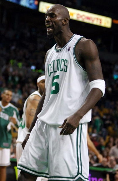 BOSTON - DECEMBER 05:  Kevin Garnett #5 of the Boston Celtics celebrates a call against the Portland Trail Blazers on December 5, 2008 at TD Banknorth Garden in Boston, Massachusetts. The Celtics defeated the Trail Blazers 93-78.  NOTE TO USER: User expre