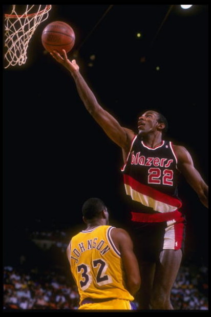1988-1989:  Guard Clyde Drexler of the Portland Trail Blazers goes up for two during a game. Mandatory Credit: Stephen Dunn  /Allsport Mandatory Credit: Stephen Dunn  /Allsport