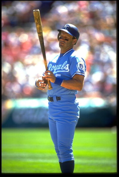 KANSAS CITY ROYALS INFIELDER GEORGE BRETT AWAITS HIS TURN TO BAT DURING A ROYALS VERSUS OAKLAND ATHLETICS GAME AT THE OAKLAND COLISEUM IN OAKLAND, CALIFORNIA