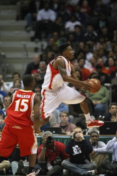 MILWAUKEE - MARCH 26: Brandon Jennings #3 of the West team goes up with the ball over Kemba Walker #15 of the East team during the 2008 McDonald's All American High School Boys basketball game on March 26, 2008 at the Bradley Center in Milwaukee, Wiscons