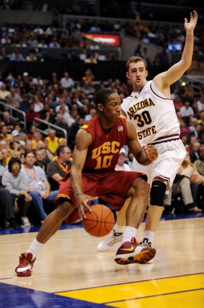 LOS ANGELES, CA - MARCH 14: Guard DeMar DeRozan #10 of the USC Trojans drives with the ball against the Arizona State Sun Devils in the Pacific Life Pac-10 Men's Basketball Tournament Championship Game at the Staples Center on March 14, 2009 in Los Angel