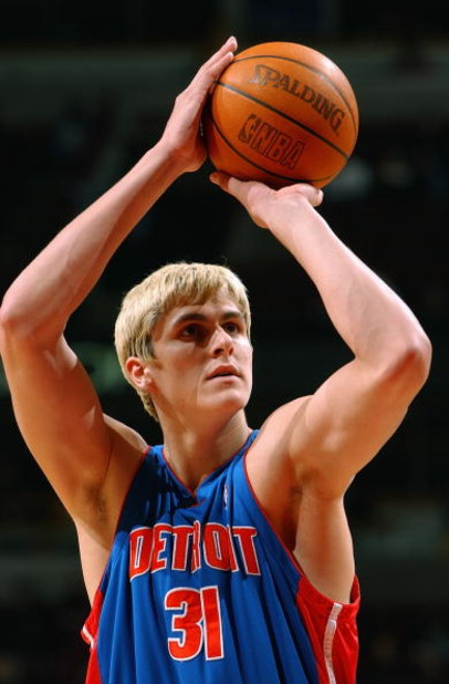 CHICAGO - FEBRUARY 25:  Darko Milicic #31 of the Detroit Pistons shoots a free throw during the game against the Chicago Bulls on February 25, 2004 at the United Center in Chicago, Illinois. The Pistons won 107-88. NOTE TO USER: User expressly acknowledge