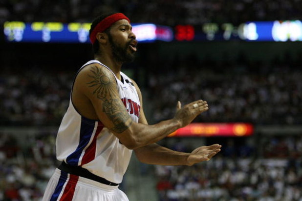 AUBURN HILLS, MI - MAY 26:  Rasheed Wallace #36 of the Detroit Pistons reacts to a foul while playing against the Boston Celtics during Game Four of the Eastern Conference finals during the 2008 NBA Playoffs at the Palace at Auburn Hills on May 26, 2008 i