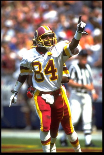 13 SEP 1992: WASHINGTON REDSKINS WIDE RECEIVER GARY CLARK POINTS TO THE CROWD IN CELEBRATION DURING A 24-17 VICTORY OVER THE ATLANTA FALCONS AT RFK STADIUM IN WASHINGTON D.C.