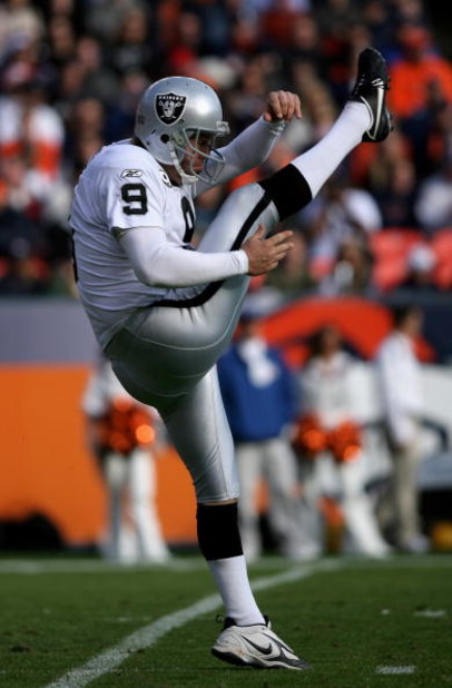 DENVER - NOVEMBER 23:  Punter Shane Lechler #9 of the Oakland Raiders punts the ball to the Denver Broncos during week 12 NFL action at Invesco Field at Mile High on November 23, 2008 in Denver, Colorado. The Raiders defeated the Broncos 31-10.  (Photo by