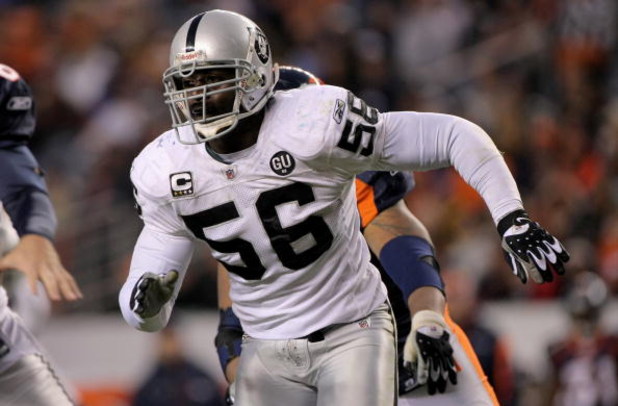 DENVER - NOVEMBER 23:  Derrick Burgess #56 of the Oakland Raiders rushes against the Denver Broncos during week 12 NFL action at Invesco Field at Mile High on November 23, 2008 in Denver, Colorado. Fargas rushed for 107 yards as the Raiders defeated the B