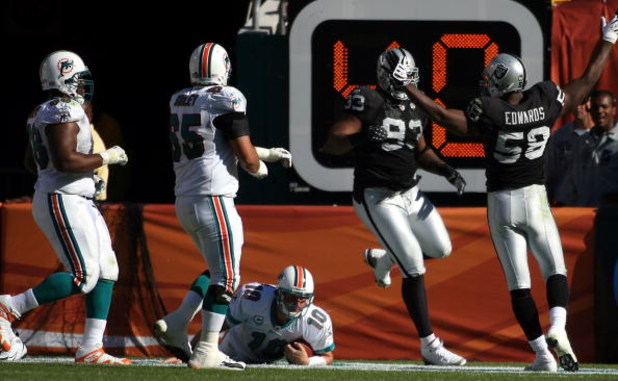 MIAMI - NOVEMBER 16: Defenders Kalimba Edwards #58 and Tommy Kelly #93 of the Oakland Raiders celebrate a safety against quarterback Chad Pennington #10 of the Miami Dolphins at Dolphin Stadium November 16, 2008 in Miami, Florida. Miami defeated Oakland 1