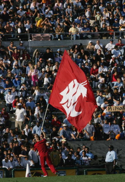 PASADENA, CA - NOVEMBER 6:  A cheerleader waves a Washington State Cougars flag during the game against the UCLA Bruins on November 6, 2004 at the Rose Bowl in Pasadena, California.   The Cougars defeated the Bruins 31-29.  (Photo by Stephen Dunn/Getty Im