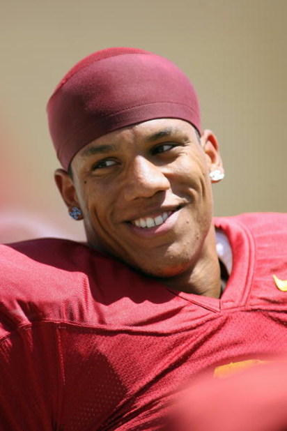 LOS ANGELES, CA - APRIL 25: Safety Taylor Mays #2 of the USC Trojans smiles on the sidelines during the spring game on April 25, 2009 at the Los Angeles Memorial Coliseum in Los Angeles, California.  The cardinal team won 16-10.  (Photo by Jeff Golden/Get