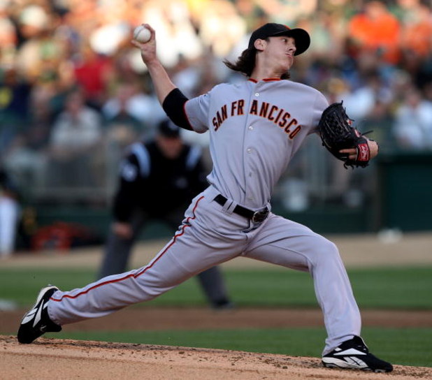 OAKLAND, CA - JUNE 23:  Tim Lincecum #55 of the San Francisco Giants pitches against the Oakland Athletics during a Major League Baseball game on June 23, 2009 at the Oakland Coliseum in Oakland, California.  (Photo by Jed Jacobsohn/Getty Images)