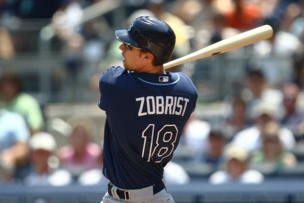 NEW YORK - JUNE 07:  Ben Zobrist #18 of the Tampa Bay Rays at bat  against the New York Yankees during their game on June 7, 2009 at Yankee Stadium in the Bronx borough of New York City.  (Photo by Chris McGrath/Getty Images)