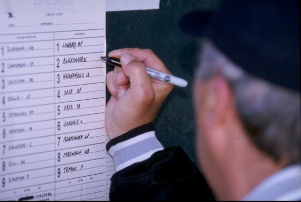 2 Mar 1998: A general view of the Chicago White Sox line-up card during a spring training game against the Chicago Cubs at Hohokam Park in Mesa, Arizona. The White Sox defeated the Cubs 8-3. Mandatory Credit: Brian Bahr /Allsport