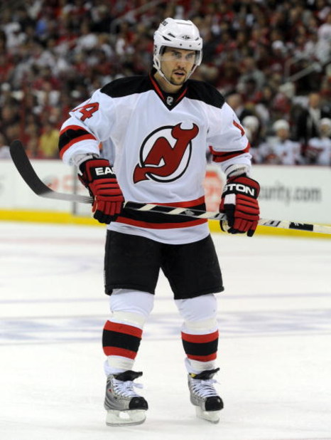 RALEIGH, NC - APRIL 26: Brian Gionta #14 of the the New Jersey Devils skates as he waits for a face-off in the first period of Game Six of the Eastern Conference Quarterfinals of the 2009 Stanley Cup Playoffs against the Carolina Hurricanes on April 26, 2