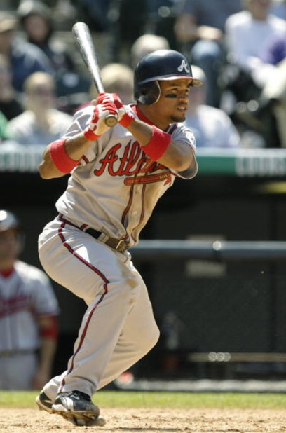 DENVER - MAY 1:  Rafael Furcal #1 of the Atlanta Braves bats during the game against the Colorado Rockies in the first game of a double-header at Coors Field on May 1, 2004 in Denver, Colorado.  The Rockies won 3-2.  (Photo by Brian Bahr/Getty Images)