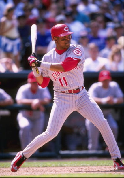 11 Apr 1998:  Infielder Barry Larkin of the Cincinnati Reds in action during a game against the Colorado Rockies at the Coors Field in Denver, Colorado.  The Reds won the game, 12-5. Mandatory Credit: Brian Bahr  /Allsport