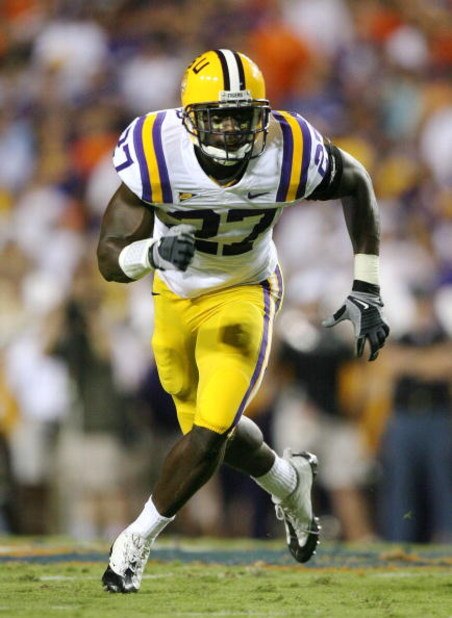 AUBURN, AL - SEPTEMBER 20: Safety Curtis Taylor #27 of the LSU Tigers drops back into coverage while taking on the Auburn Tigers at Jordan-Hare Stadium on September 20, 2008 in Auburn, Alabama. LSU defeated Auburn 26-21. (Photo by Doug Benc/Getty Images