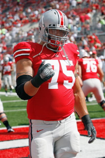 COLUMBUS, OH - SEPTEMBER 06: Alex Boone #75 of the Ohio State Buckeyes warms up before the game against the Ohio Bobcats at Ohio Stadium on September 6, 2008 in Columbus, Ohio.  (Photo by Kevin C. Cox/Getty Images)
