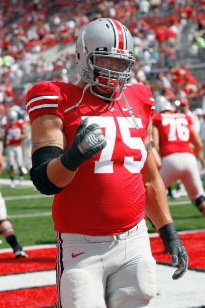 COLUMBUS, OH - SEPTEMBER 06: Alex Boone #75 of the Ohio State Buckeyes warms up before the game against the Ohio Bobcats at Ohio Stadium on September 6, 2008 in Columbus, Ohio. (Photo by Kevin C. Cox/Getty Images)
