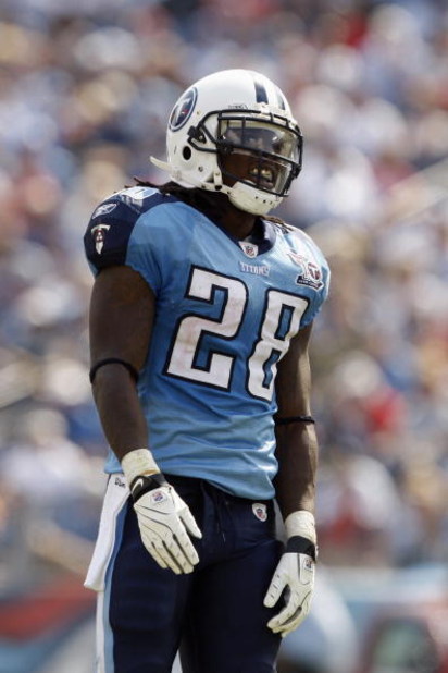 NASHVILLE, TN - SEPTEMBER 21: Chris Johnson #28 of the Tennessee Titans looks on during the game against the Houston Texans at LP Field on September 21, 2008 in Nashville, Tennessee. (Photo by Streeter Lecka/Getty Images)