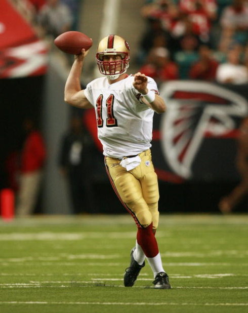 ATLANTA - NOVEMBER 04: Quarterback Alex Smith #11 of the San Francisco 49ers prepares to throw a pass against the Atlanta Falcons at Georgia Dome on November 4, 2007 in Atlanta, Georgia.The Falcons defeated the 49ers 20-16. (Photo by Doug Benc/Getty Ima