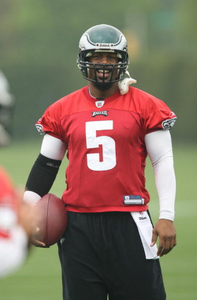 PHILADELPHIA - MAY 1: Quarterback Donovan McNabb #5 of the Philadelphia Eagles looks on during minicamp practice at the NovaCare Complex on May 1, 2009 in Philadelphia, Pennsylvania. (Photo by Hunter Martin/Getty Images)
