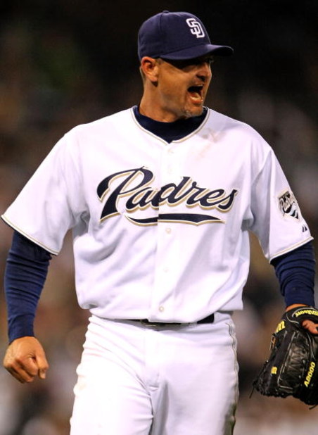 SAN DIEGO - MAY 10:  Closer Trevor Hoffman #51 of  the San Diego Padres celebrates after getting the final out against the Colorado Rockies on May 10, 2008 at Petco Park in San Diego, California.  The Padres won 3-2.  (Photo by Stephen Dunn/Getty Images)