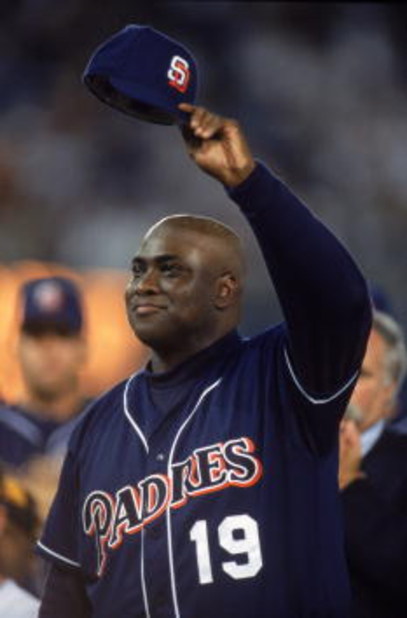 7 Oct 2001:  Right fielder Tony Gwynn #19 of the San Diego Padres acknowledges the crowd during the Major League Baseball game against the Colorado Rockies at Qualcomm Stadium in San Diego, California.  The Rockies defeated the Padres 14-5.  Mandatory Cre