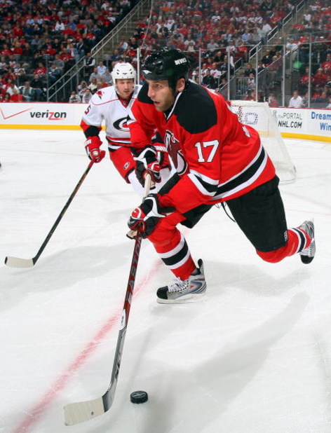 NEWARK, NJ - APRIL 23:  Mike Rupp #17 of the New Jersey Devils skates against the Carolina Hurricanes during Game Five of the Eastern Conference Quarterfinal Round of the 2009 NHL Stanley Cup Playoffs on April 23, 2009 at the Prudential Center in Newark, 