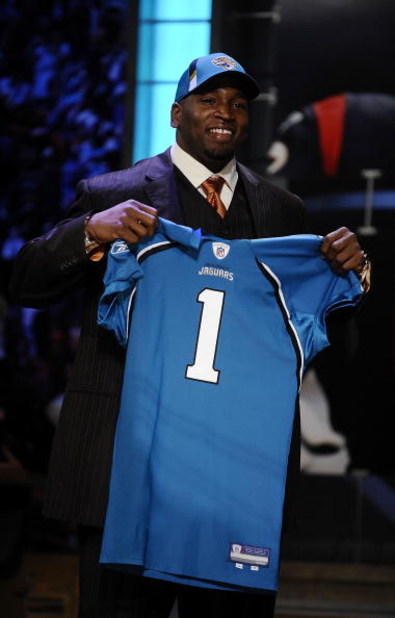 NEW YORK - APRIL 25:  Jacksonville Jaguars #8 draft pick Eugene Monroe poses with his new team jersey at Radio City Music Hall for the 2009 NFL Draft on April 25, 2009 in New York City  (Photo by Jeff Zelevansky/Getty Images)