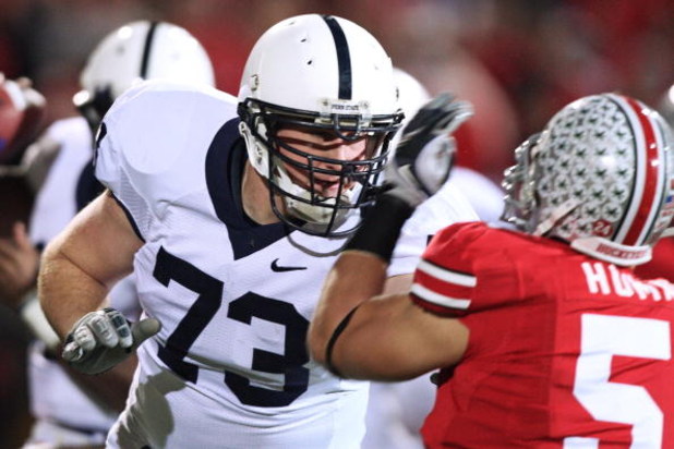 COLUMBUS, OH - OCTOBER 25: Offensive lineman Dennis Landolt #73 of the Penn State Nittany Lions blocks against the Ohio State Buckeyes on October 25, 2008 at Ohio Stadium in Columbus, Ohio.  (Photo by Jamie Sabau/Getty Images)