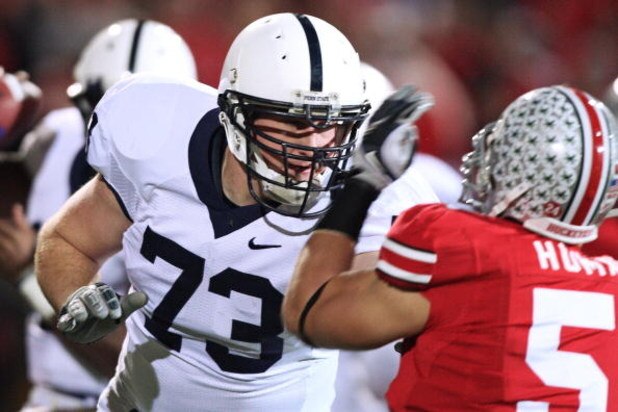 COLUMBUS, OH - OCTOBER 25: Offensive lineman Dennis Landolt #73 of the Penn State Nittany Lions blocks against the Ohio State Buckeyes on October 25, 2008 at Ohio Stadium in Columbus, Ohio. (Photo by Jamie Sabau/Getty Images)