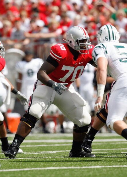 COLUMBUS, OH - SEPTEMBER 06: Bryant Browning #70 of the Ohio State Buckeyes blocks the line during the game against the Ohio Bobcats at Ohio Stadium on September 6, 2008 in Columbus, Ohio. (Photo by Kevin C. Cox/Getty Images)