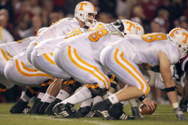 COLUMBIA - NOVEMBER 1:  Quarterback Jonathan Crompton #8 of the Tennessee Volunteers calls the play at the line during the game against the South Carolina Gamecocks at Williams-Brice Stadium on November 1, 2008 in Columbia, South Carolina. (Photo by: Stre