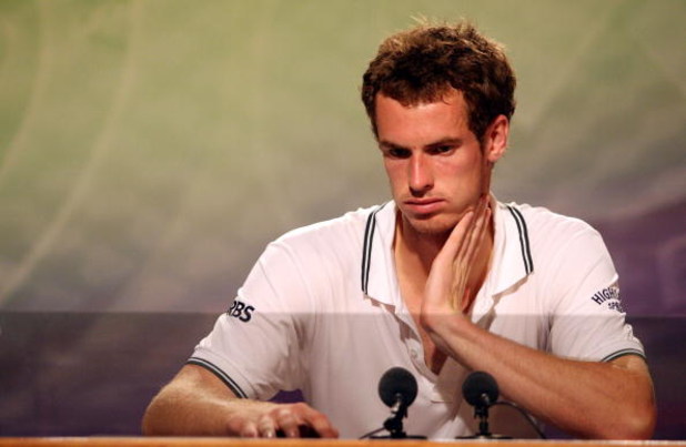 WIMBLEDON, ENGLAND - JULY 03: Andy Murray of Great Britain looks despondent as he attends a press conference after defeat during the men's singles semi final match against Andy Roddick of USA on Day Eleven of the Wimbledon Lawn Tennis Championships at th