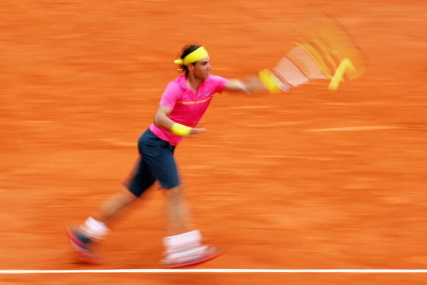 PARIS - MAY 31:  Rafael Nadal of Spain hits a forehand during the Men's Singles Fourth Round match against Robin Soderling of Sweden on day eight of the French Open at Roland Garros on May 31, 2009 in Paris, France.  (Photo by Ryan Pierse/Getty Images)