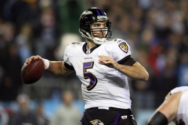 NASHVILLE, TN - JANUARY 10:  Quarterback Joe Flacco #5 of the Baltimore Ravens throws the ball in the second half against the Tennessee Titans during the AFC Divisional Playoff Game on January 10, 2009 at LP Field in Nashville, Tennessee.  (Photo by Andy 