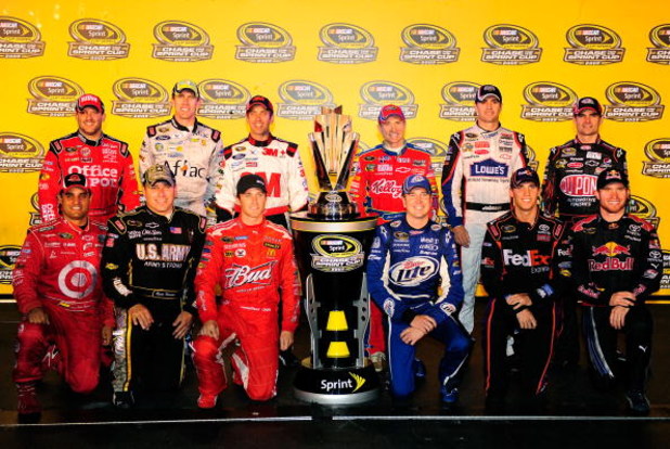 RICHMOND, VA - SEPTEMBER 12:  (Back row from L-R) Tony Stewart, driver of the #14 Office Depot Chevrolet, Carl Edwards, driver of the #99 Aflac Ford, Greg Biffle, driver of the #16 3M Ford, Mark Martin, driver of the #5 Kellogg's Chevrolet, Jimmie Johnson