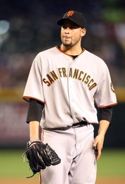 PHOENIX - JUNE 11: Starting pitcher Jonathan Sanchez #57 of the San Francisco Giants reacts during the major league baseball game against the Arizona Diamondbacks at Chase Field on June 11, 2009 in Phoenix, Arizona. The Diamondbacks defeated the Giants