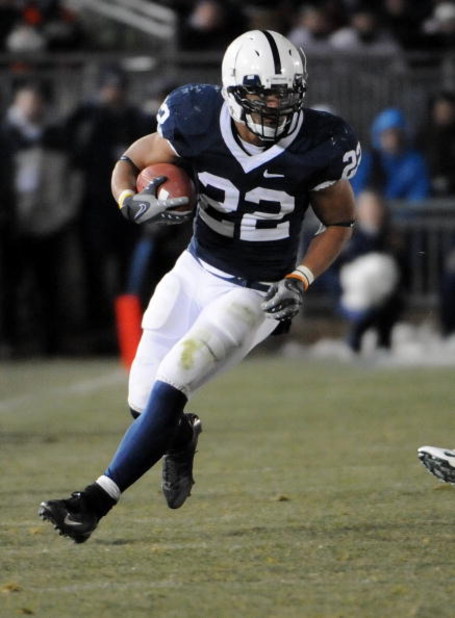 STATE COLLEGE - NOVEMBER 22:  Evan Royster #22 of the Penn State Nittany Lions runs the ball against the Michigan State Spartans on November 22, 2008 at Beaver Stadium in State College, Pennsylvania.  (Photo by Joe Sargent/Getty Images)