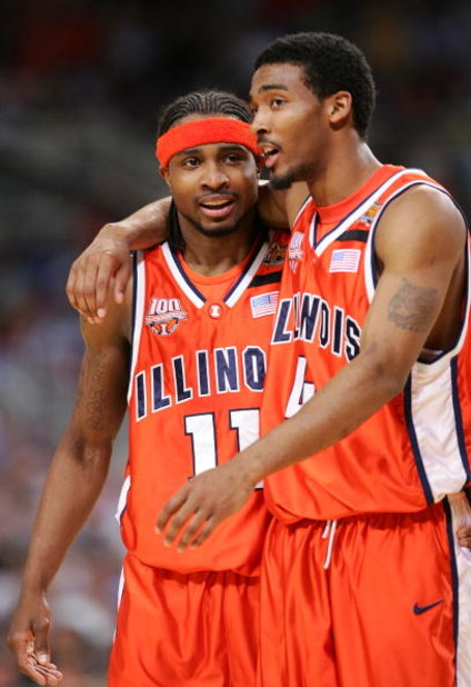 ST. LOUIS - APRIL 02:  Teammates Dee Brown #11 and Luther Head #4 of the Illinois Fighting Illini celebrate at a time-out against the Louisville Cardinals in the second half during the NCAA Men's Final Four at the Edward Jones Dome on April 2, 2005 in St.