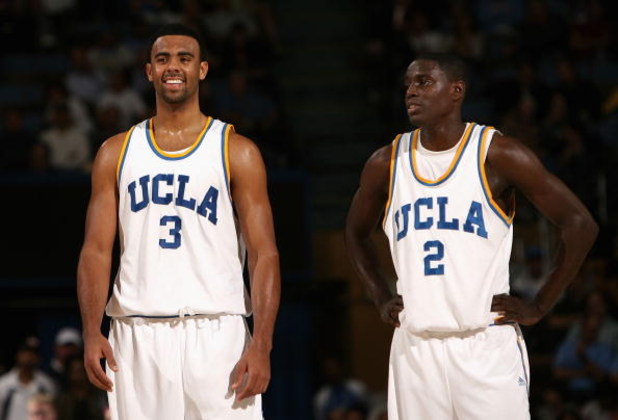 WESTWOOD, CA - JANUARY 15:  Josh Shipp #3 and Darren Collison #2 of the UCLA Bruins talk on the court during the college basketball game against the Arizona Wildcats at Pauley Pavilion on January 15, 2009 in Westwood, California. The Bruins defeated the W