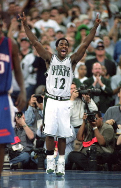3 Apr 2000: Mateen Cleaves #12 of the Michigan State Spartans celebrates on the floor during the NCAA Men''s Finals Four Game against the Florida Gators at the RCA Dome  in Indianapolis, Indiana. The Spartans defeated the Gators 89-76. Mandatory Credit: J