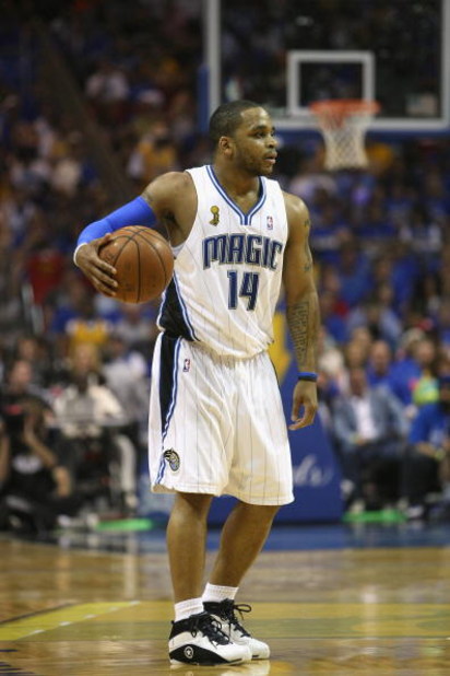 ORLANDO, FL - JUNE 14:  Jameer Nelson #14 of the Orlando Magic moves the ball against the Los Angeles Lakers in Game Five of the 2009 NBA Finals on June 14, 2009 at Amway Arena in Orlando, Florida. The Lakers won 99-86. NOTE TO USER:  User expressly ackno