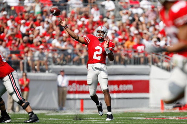 COLUMBUS, OH - SEPTEMBER 20:  Terrelle Pryor #2 of the Ohio State Buckeyes passes the ball downfield during the game against the Troy Trojans on September 20, 2008 at Ohio Stadium in Columbus, Ohio. Ohio State won the game 28-10. (Photo by Gregory Shamus/