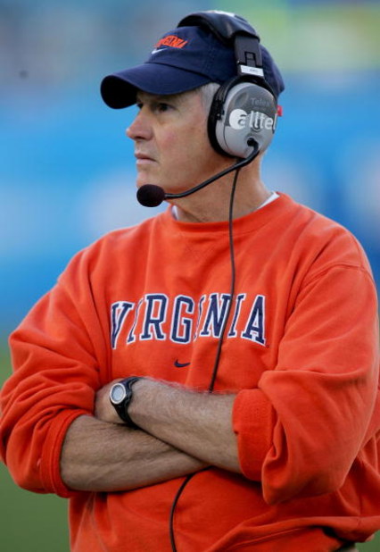 JACKSONVILLE, FL - JANUARY 01:   Coach Al Groh of the Virginia Cavaliers watches play during the Gator Bowl against the Texas Tech Red Raiders at Jacksonville Municipal Stadium on January 1, 2008 in Jacksonville, Florida.  (Photo by Sam Greenwood/Getty Im