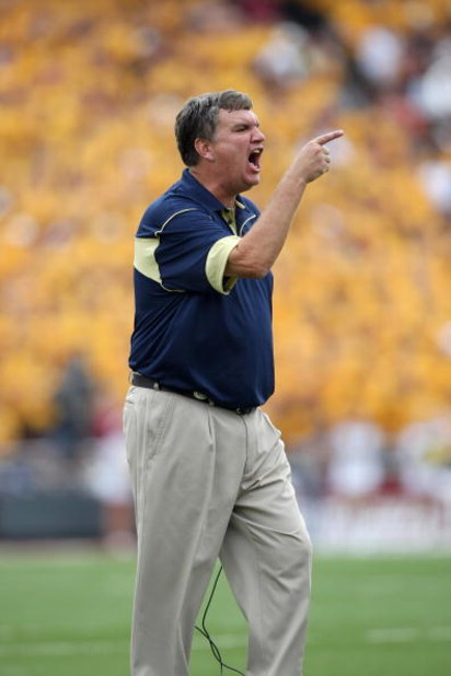 CHESTNUT HILL, MA - SEPTEMBER 6:  Head Coach Paul Johnson of the Georgia Tech Yellow Jackets reacts near the sideline during their game against the Boston College Eagles on September 6, 2008 at Alumni Stadium in Chestnut Hill, Massachusetts. The Yellow Ja