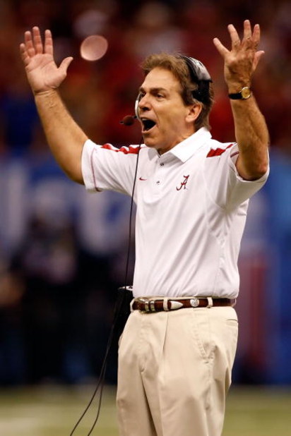 NEW ORLEANS - JANUARY 02:  Head coach Nick Saban of the Alabama Crimson Tide reacts in the third quarter while taking on the Utah Utes during the 75th Allstate Sugar Bowl at the Louisiana Superdome on January 2, 2009 in New Orleans, Louisiana.  (Photo by 